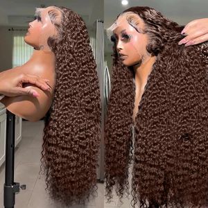 Chokladbrun lockiga peruker 13x6 HD Human hår spets frontala peruk 30 32 tum 13x4 djup vågfärgad lyslöst för kvinnor