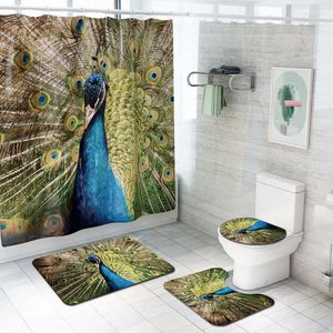 Tappetini da bagno 4 pz/set Animali Lupo Tigre Pavone Leone Impermeabile Bagno Tenda Della Doccia Tappetini Set Antiscivolo Copriwater Zerbino