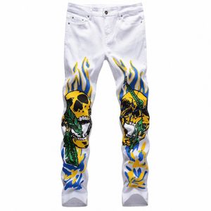 jas Fi Men's Jeans Stretch Slim Fit 3D Color Print Black White Trousers Flame Skull Graffiti Street Fi Men Denim Pants s0QP#