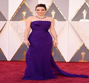 Tina Fey 2016 Oscar Red Carpet 유명인 드레스 외피 끈이없는 스위프 트레인 치프 트레인 쟁기 드레스 9706165