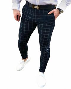 new Busin Fi Plaid Striped Men's Slim Pants Casual Skinny Fit Pencil Pants Mid Waist Trousers Male Clothes Street Wear t3ZE#