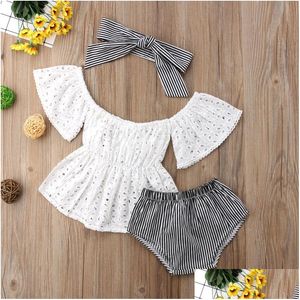 Conjuntos de roupas 3 pcs criança bebê menina roupas conjunto laço oco out manga curta top com listra shorts e headband outfits drop entregar dhcyp