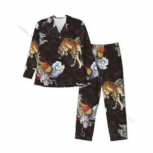 Tiger and Drag Men piżamas lg rękawski garnitur snu Zestaw odzieży domowej Z9de#