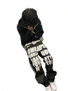 Y2K Jeans List Hip Hop wydrukowane czarne spodnie mężczyźni kobiety 2023 Nowy trend Fi punk luźne proste spusty nogi streetwear m79e##