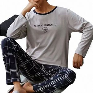 Outono Inverno Men'S Cott Pijamas Carta Imprimir Pijamas Carto Pijama Define Casual SleepLounge Pijama Set Plus Size 4xl V85z #