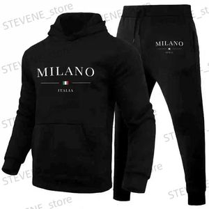 Herrspårar Mens Sports Hoodie Set Luxury Milan Print Sweatshirt Sweatpants Mens Hooded Top Jogger Pants Set Casual Strtwear Sportwear T240326