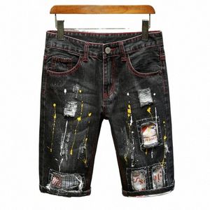 Zgrane dżinsowe spodenki męskie plaster retro stare persality Kolan Knee Pants Drukuj fi farba ulica hip hop krótkie dżinsy m9ju#