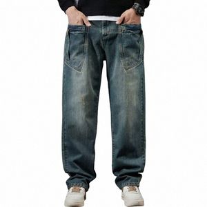 mcikkny Vintage Hi Street Straight Casual Jeans Pants Streetwear Multi Pockets Loose Denim Trousers For Male Plus Size 29-42 m9KY#