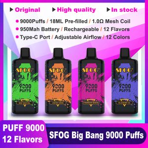 SFOG Original Puff 9000 Vape descartável Puff 9k Vaper Big Bang 9000 Puff Vapes E Cigarro 18ml Preenchido 12 Sabores Fluxo de ar Ajuste Pen de vaporizador recarregável