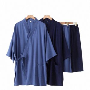 summer 2PCS Japanese Style Men Ray Thin Clothing Sets Solid Kimo Cott Steaming Wear Pajamas Set Men Bathrobe Nightgown D6l3#