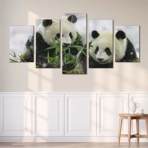 5 Panel Leinwand Gemälde Chinesischer Panda Schnee Essen Bambusblatt Leinwand Poster Niedliche Tiere Wandkunst Gemälde Home Decor Kein Rahmen