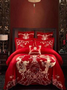 Traditional Chinese Wedding Embroidery Bedding Set Cotton 4 piece Kit King Queen Size Double Happiness Longfeng Dragon Phoenix15590117