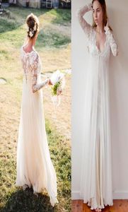 Bohemijskie sukienki ślubne Rękawy długa szyfon i koronka Vneck podłogowa długość imperium myska ślubna suknia ogrodowa prosta sukienka na pannę młodą7674195