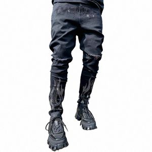 2023 Men rippade heta borr jeans mager jeans svart stretch denim blyerts byxor man denim street punk smal fit cyklistbyxor r9r2#