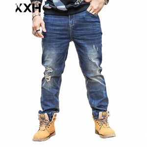 size 36 Patched Holes Straight Jeans Men Cowboy Cool Design Dark Blue Wed Jeans Denim Pants Autumn K8ri#