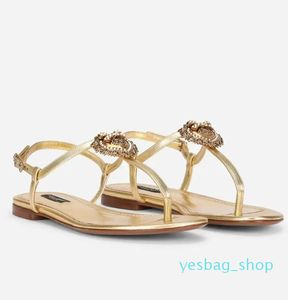 راحة الصنادل حذاء Nappa Leather Thong Thong Black Gold Gold Flip Flops Flops Lady Comfort Walking