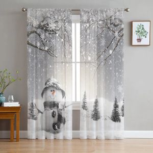 Curtains Christmas Winter Snowman Snowflakes Window Tulle Curtains for Living Room Kitchen Christmas Home Decor Sheer Voile Curtains