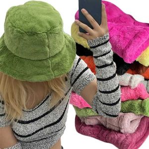 s Solid colored plush cute bucket hat suitable for girls faux fur fisherman hat warm autumn winter outdoor Panama casual hatC24326