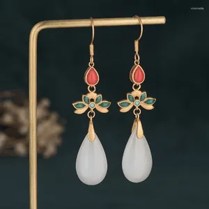 Dangle Earrings China Style Ear Jewelry高品質の白いドロップ型ジェイドロータスフラワークラシックエナメルタッセルシンテージ女性