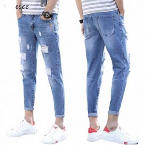 Homens jeans tornozelo-comprimento buracos em linha reta qua lazer denim calças adolescentes chique streetwear mens all-match tamanho grande 34 vintage novo o6ff #