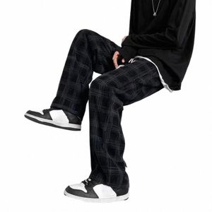 mid-rise Elastic Waistband Men Pants Pockets Straight Wide Leg Casual Trousers Plaid Print Drawstring Loose Corduroy Pants r3Gy#