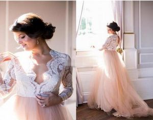 Champagne And White Wedding Dresses Aline 2019 Lace Illusion Long Sleeve Square Open Back Empire Waist Wedding Dress Bridal Gowns1794404