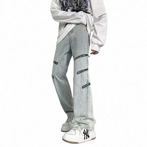 Solid dżinsy mężczyźni fi luźne proste presie miękkie dżinsowe zamek kowbojski streetwear hip hop spodni męski wiosenny jesień c73 v0p3#