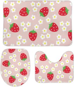 Mats Kawaii Pink Strawberry Bathroom Rugs and Mats Sets 3 Piece Bath Mat Rugs with Backing Pad Contour Rug and Toilet Lid Cover