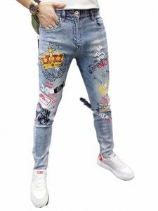 pantaloni da uomo firmati primavera jeans stampati ali pantaloni slim fit vintage blu hip-hop streetwear pantaloni in denim da uomo J5Hd #