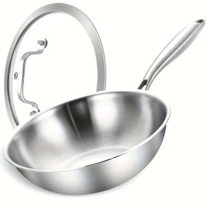 1pc, pfoa wok de aço inoxidável grátis com tampa de vidro - ideal para cozinhas de casa, restaurante e hotel