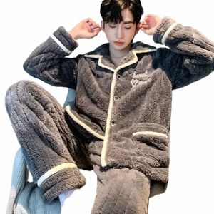 Пижамы мужские теплые зимние пижамы утолщенные пижамные комплекты с вышивкой фланелевая осенняя ночная рубашка мягкие брюки Lg с рукавами Lg большого размера g3wu #