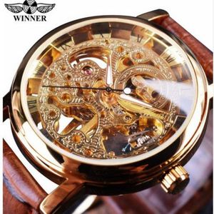 Zwycięzca przezroczysty Golden Case Luxury Casual Design Brązowy skórzany pasek męskie zegarki Top Marka Luksusowy mechaniczny szkielet zegarek256L