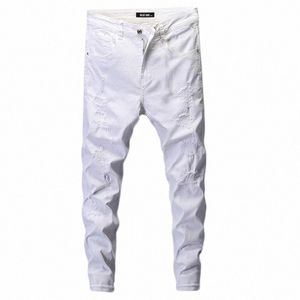 Kstun rippade jeans för män hiphop Slim Skinny White Jeans Stretch Denim Pants Mens Jeans Brand Streetwear Patched Distraed L9lx#