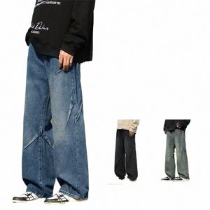 Y2K Vintage Blue Wide Leg Jeans Men's Korean Fi Baggy Straight Denim Pants 2024 New Streetwear Wed Patchwork Byxor O8DK#