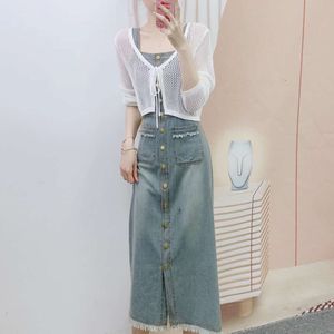 2024 عداد العلامة التجارية الربيع Hanpai Fashion DeniM Vress+Jroknibt Hollow Skirt من قطعتين Q219