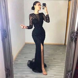 Suknia czarnej syreny z rękawem Długowy wieczór dla kobiet impreza Formalne sukienki Sier Peat Split Dubai Wedding Prom Soles SS113 MAL ES