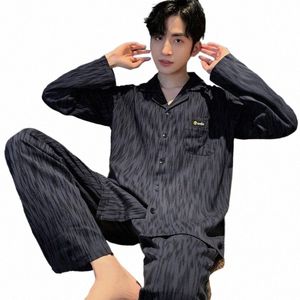 Cott Sleepwear Men LG Sleeve Cardigan LG Pants Sets Sets Sets Lounge Fear Lose Spring Autumn Nightwear Korean Loose E7r2#