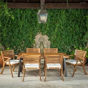 Camp-Möbel, 7-teiliges Set für den Außenbereich, Akazienholz, Terrassen-Esszimmer, Teak-Finish, mit rustikalem Metall-Campingtisch, Garten