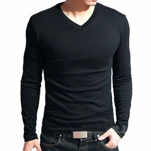 2023 Spring High-elastic Cott T-shirts Male V Neck Tight T Shirt Hot Sale New Men's Lg Sleeve Fitn Tshirt Asia size S-5XL 10wh#