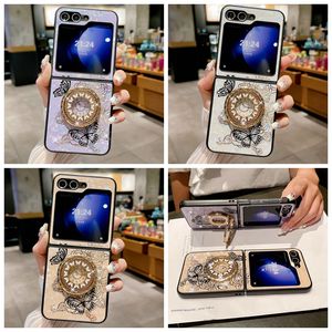 Tybomb Flip5 Flower Butterfly Falls för Samsung Galaxy Z Flip 5 4 3 ZFLIP5 ZFLIP4 Hard PC Plastic Luxury Bling Diamond Rhinestone Clock 360 Finger Ring Holder Cover