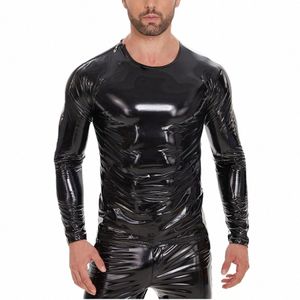 S-7xl Men tshirt Högglans patentläder LG Sleeve Tight Coat Shiny Jacka Pu Leather Hip Hop Tee Shirts Muscle Shaper Tops S7LH#