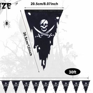 Tillbehör 9 meter rep med trasig Jolly Roger Buntings flagga med skalle och korsbones piratfesttillbehör Garland Courtyard Decor