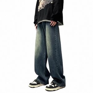 vintage Men Straight Leg Jeans Korean Student Handsome Casual Pants High Street Loose Wide Leg Jeans Vintage Blue Baggy Jeans i8HF#