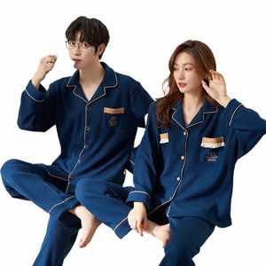 new Couple Lg Sleeve Pants Pajamas Knitted Cott Cardigan Men Women Fi Sleepwear for Youth Lovers pyjamas homme feminino 18gQ#