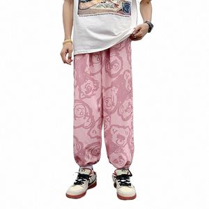 Summer Thin Korean Versi of the Trend of Ins Printed Sports Pants Straight Loose Pasual Pants Drawstring Sweatpants Men G07T#