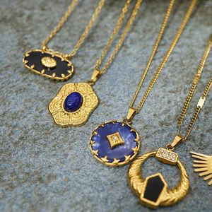 Pendant Necklaces French Navy Natural Stone Necklace For Women Vintage Carved Pattern Plated 18K Gold Women's Clavicular Chain 2024