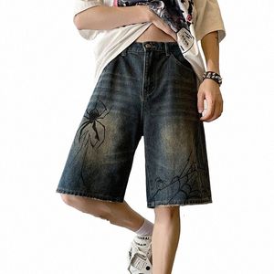 Korean harajuku spindel spindelnät tryck denim kort för män y2k retro w hip hop punk grunge jeans shorts sommar kvinnor streetwear b1et#