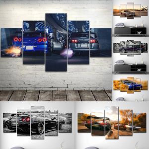 5 Panel Sportwagen-Wandkunst ohne Rahmen, Fahrzeug-Leinwandgemälde, HD-Druck für Wohnzimmer, Heimdekoration, Rennwagen-Poster, Wandkunst