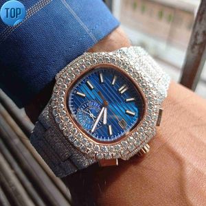 Fantasia azul dial gelado moissanite relógio para homens diamante relógio de pulso vidro branco aço inoxidável quadrado redondo fivela analógica