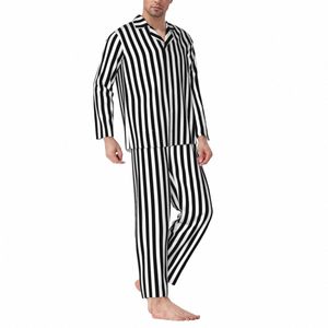 Preto branco listrado sleepwear primavera linhas verticais imprimir casual pijamas de grandes dimensões conjunto homem lg manga fi casa terno w1X5 #